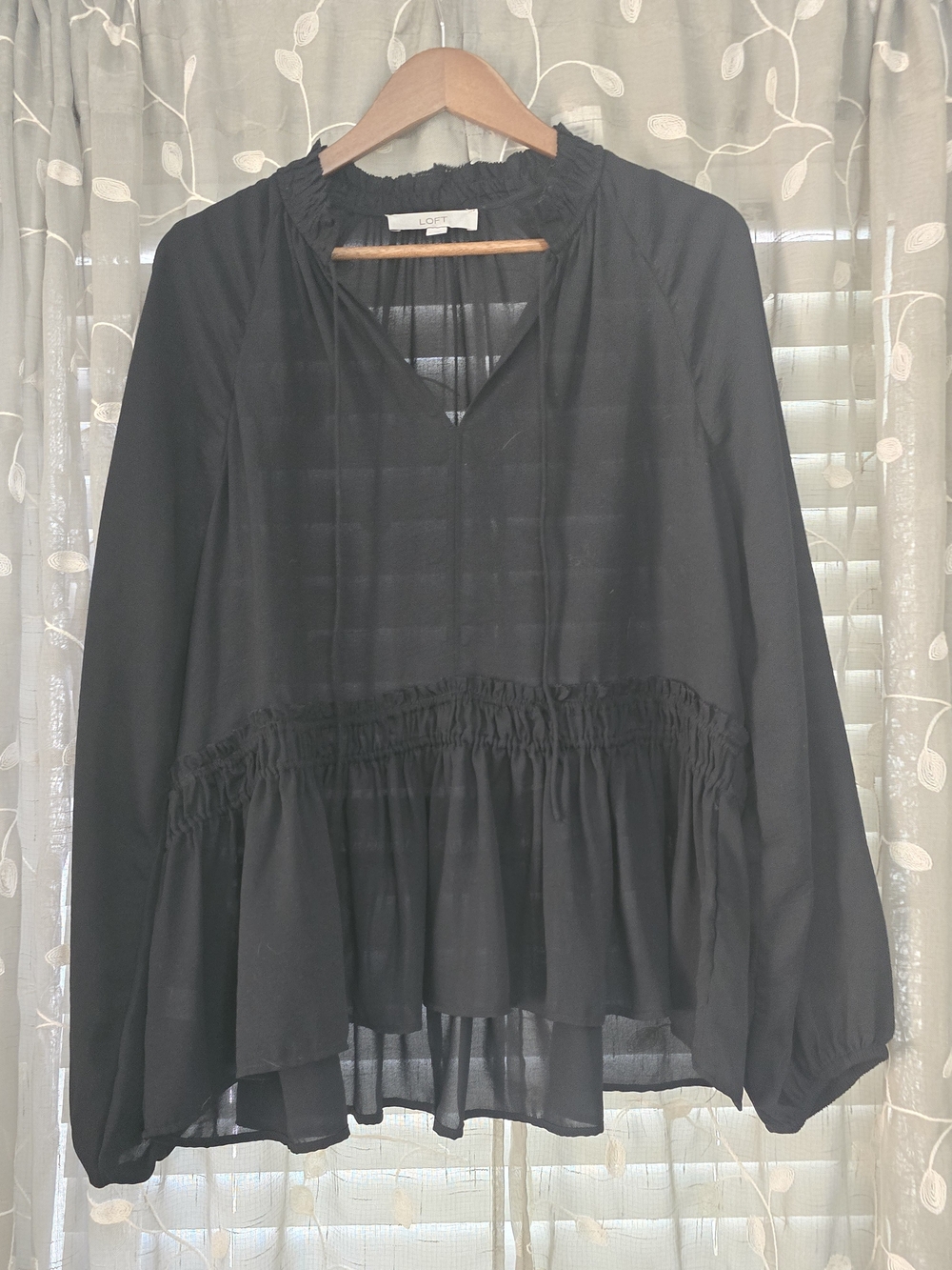 LOFT Black Long-Sleeve Peplum Tie-Neck Blouse